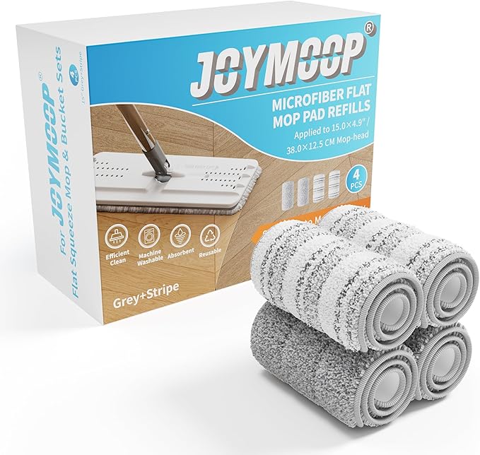 JOYMOOP Flat Mop Pads, Microfiber Mop Cleaning Pads, Washable Pads, Pads Replacement for JOYMOOP Flat Mop or Mop Bucket Set, Pack of 4 Refills 15inch - Grey and Stripe