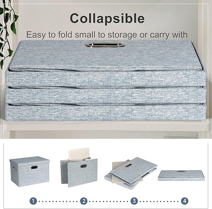 Large 17" 36 Quart Collapsible Stackable Storage Bins with Lids, 3 Packs Blue-Grey Linen Fabric Closet Boxes with Lids, Storage Cube Baskets Container Organizers for Bedroom (17x12x11)