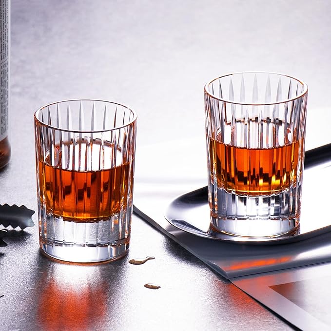 KAMMAK Crystal Whiskey Glasses Set of 2, Handcrafted 3.38oz Liquor Glasses, Luxury Old Fashioned Glasses Stemless, Hand Blown Scotch Cup for Women, Men Barware Gift for Cocktail, Bourbon