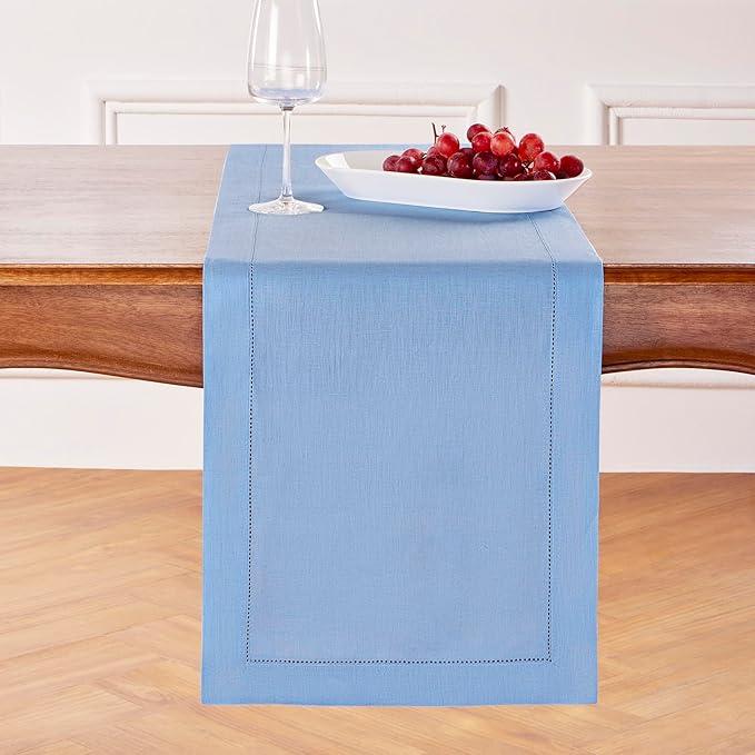 Solino Home Linen Cornflower Blue Table Runner 108 Inches Long - 100% Pure Linen Hemstitch 14 x 108 Inch Table Runner for Dining - Classic Hemstitch