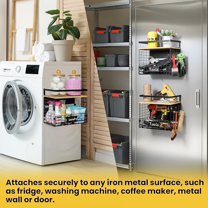 [WIDER Shelf]1 SET Strong Magnetic Shelf Basket for Fridge with Tag & Bamboo Top, XXL Large Magnetic Spice Rack Shelves for Side of Refrigerator, Kitchen Pantry Storage Organizer for Food Fruit Veg