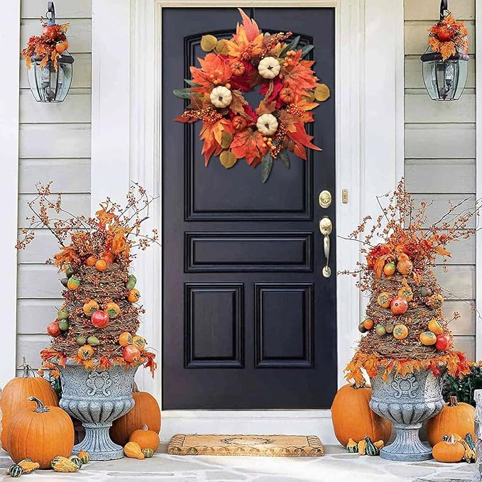Fall Wreaths for Front Door, DECSPAS 21" Fall Wreath with Maple Leaves Pumpkin Berries, Autumn Decorations for Home, Artificial Harvest Door Wreath Outside, Window, Wall, Fireplace, Thanksgiving Decor