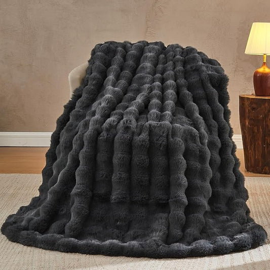 Lotus Karen Faux Fur Throw Blanket Dark Gray - Big Bubble Rabbit Fluff Blanket for Couch, Small Fluffy Fuzzy Cozy Blanket, Thick Furry Plush Shaggy Blankets, 50x60 Inches