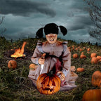 Haunted Hill Farm Lunging Pumpkin Carver Zombie Girl by Tekky, Motion-Activated Talking Halloween Animatronic for Indoor or Covered Outdoor Creepy Halloween Decorations, Plug-in or Battery Operated