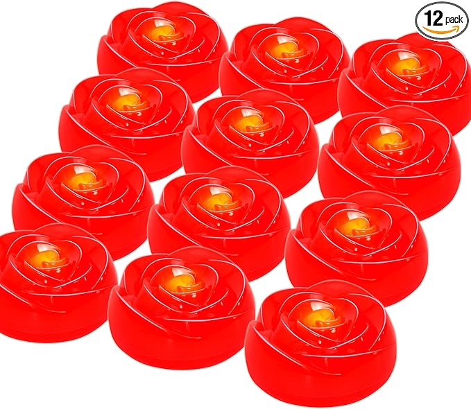 Aignis 12pcs Flameless LED Floating Candles, Red Rose Plastic Tealights Battery Operated, 120+ Hours Glow Time, Cozy Light for Romantic Pool/Bathtub/Hot Bath/Wedding Centerpiece Decor(D2.83 * H1.42)