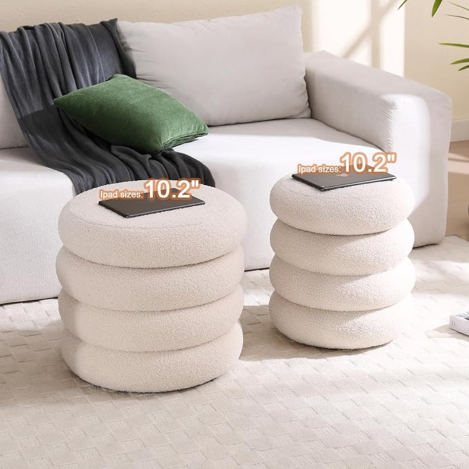 ONEVOG 20" Round Storage Ottoman with Removable Lid, Off-White Boucle Fabric Footrest Pouf, Sherpa Tufted Small Coffee Table Vanity Ottoman Foot Stools for Living Room Couch, Bedroom, Dorm, Nursery