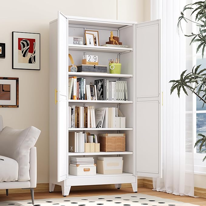 Kitchen Pantry Storage Cabinet with Doors and Adjustable Shelves, Metal ClosetMaid Food Pantry Cabinets, 75" Tall Freestanding Cupboard for Kitchen, Laundry or Utility Room, White