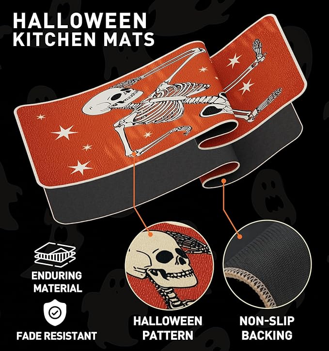 Halloween Kitchen Mat Set of 2, Spooky Skeleton Gothic Halloween Kitchen Decor, Halloween Rug for Floor, Indoor Spooky Home Decor with Non-Slip Backing,17 x 29 Inch & 17 x 47 Inch
