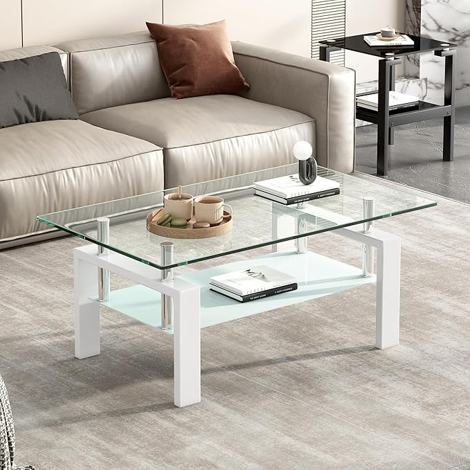 Glass Coffee Table Rectangle White Living Room Center Table, 39inch Transparent Tempered Glass Tabletop and Metal Frame, White + Clear Glass