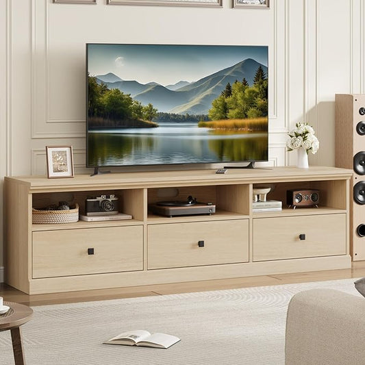 IDEALHOUSE 70in TV Stand for TVs up to 80", Mid Century Modern Entertainment Center with Storage Drawer and Open Shelves, TV Console Media Cabinet for Living Room, Bedroom (Light Oak)