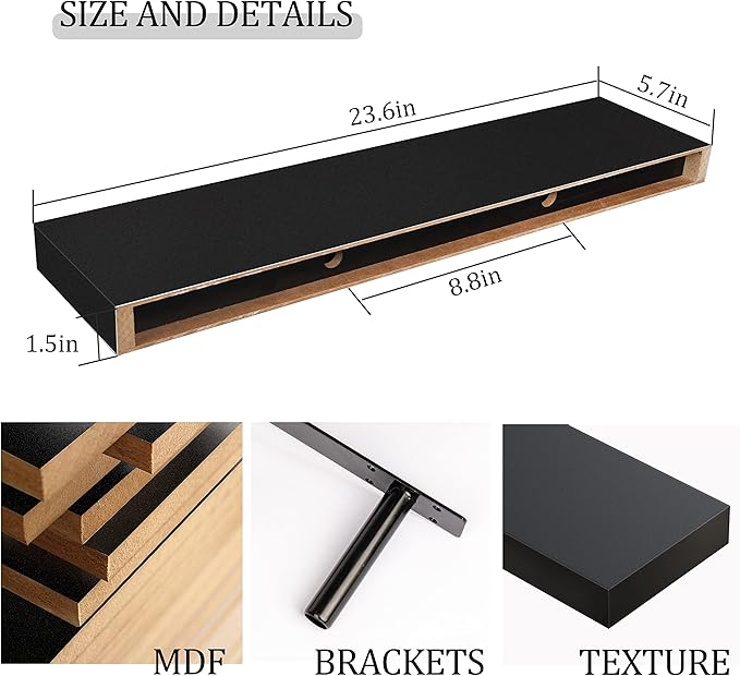 BAMEOS Floating Shelf,Wall Shelf,Decor Wall Mounted Shelves,Hanging Shelf Set L24xW6 for Bathroom Kitchen Living,Kitchen,Room Bedroom Storage,Black