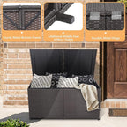 HAPPYGRILL 175 Gallon Outdoor Rattan Deck Box, Wicker Storage Bin with Zippered Liner & 2 Universal Wheels, Safe Pneumatic Rod, Patio Rattan Storage Container for Cushions Pillows