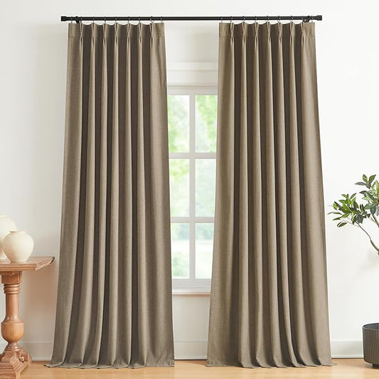 Vision Home Brown Pinch Pleated Full Blackout Curtains Linen Blended Room Darkening Window Curtains 84 inch for Living Room Bedroom Thermal Insulated Pinch Pleat Drapes with Hooks 2 Panel 40" Wx84 L
