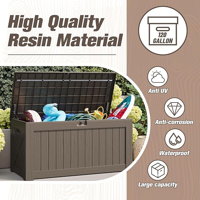 JUMMICO 120 Gallon Resin Deck Box, Large Outdoor Storage Box Waterproof & Lockable for Garden, Patio, Pools (Brown)