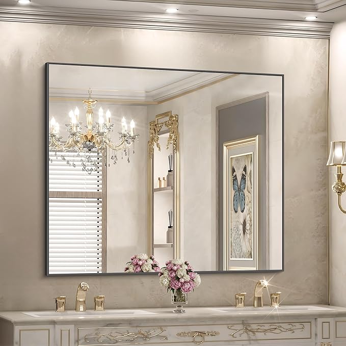 Black Bathroom Mirror for Wall, 36x40 Inch Rectangle Mirrors with Metal Frame, Modern Rectangular Wall Mirror for Bathroom Living Room, Entryway Hangs Horizontal or Vertical