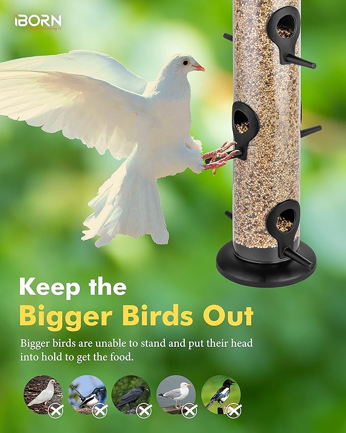 iBorn Metal Bird Feeder Hanging Wild Bird Seed Feeder for Mix Seed Blends Heavy Duty All Metal Black Finish,14 Inch 6 Port,Pack of 2