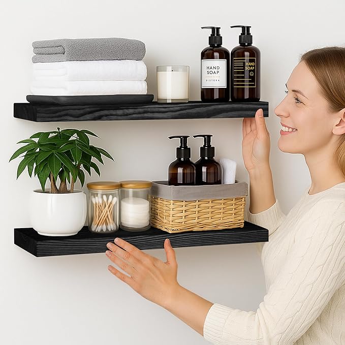 BGMG Wood Floating Shelves 24 inch, Wide Rustic Wooden Wall Shelves for Bathroom Living Room Bedroom Kitchen Farmhouse Set of 2-24x 6.7 x1.25 inch- Black