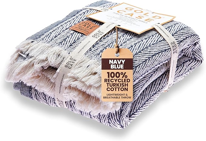 Gold Case Throw Blanket for Couch – 100% Recycled Turkish Cotton Blankets & Throws – Elegant Decorative Throw Blankets for Living Room Sofa – Woven Throws for Couch – Vintage Navy Blue – 50x60