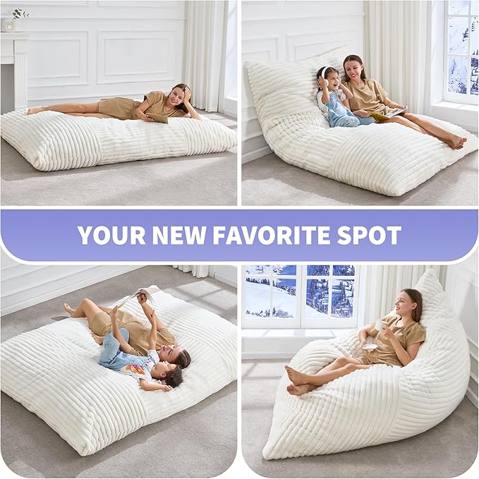 Hobestluk 3 in 1 Bean Bag Chair Giant Bean Bag Chairs Convertible Bean Bag Floor Cushion with Machine Washable Cover, Beanbag Chairs for Adult (White)
