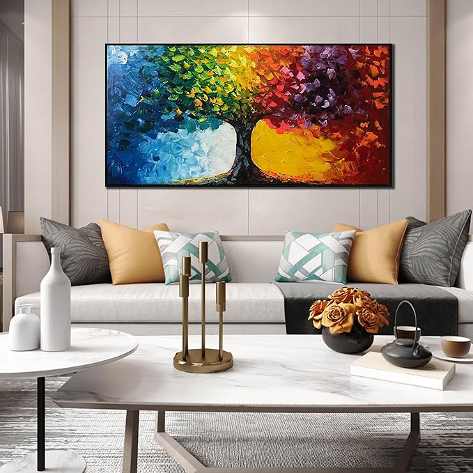 Hand Painted Colorful Tree Painting for Living Room - Bedroom Signs Wall Decor Above Bed - Large Framed Wall Art Size 29" x 59"
