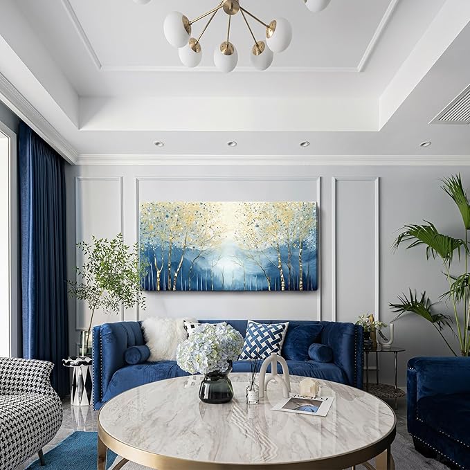 amatop Extra Large Wall Art for Living Room – Modern Forest Landscape Picture Abstract Nature Tree Scenery Canvas Art Prints Blue Wall Decor Oversized Horizontal Birch Artwork Bedroom Office 58x29 Inch