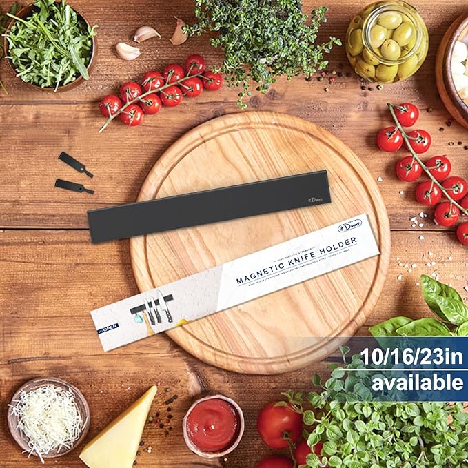Dmore magnetic knife holder for wall—with 2 hooks, No Drilling 12 Inch black knife magnetic strip, Powerful knife magnet rack, include Adhesive Tape and screws for Knives, Utensils, and Tools