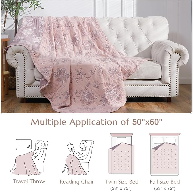 jinchan Boho 100% Cotton Muslin Twin Size 50x60 Inches Blanket Lightweight 4-Layer Quilted Soft Pink Red Floral Throw Blanket Reversible Comfy Flower Breathable All Seasons Couch Bedroom Decor