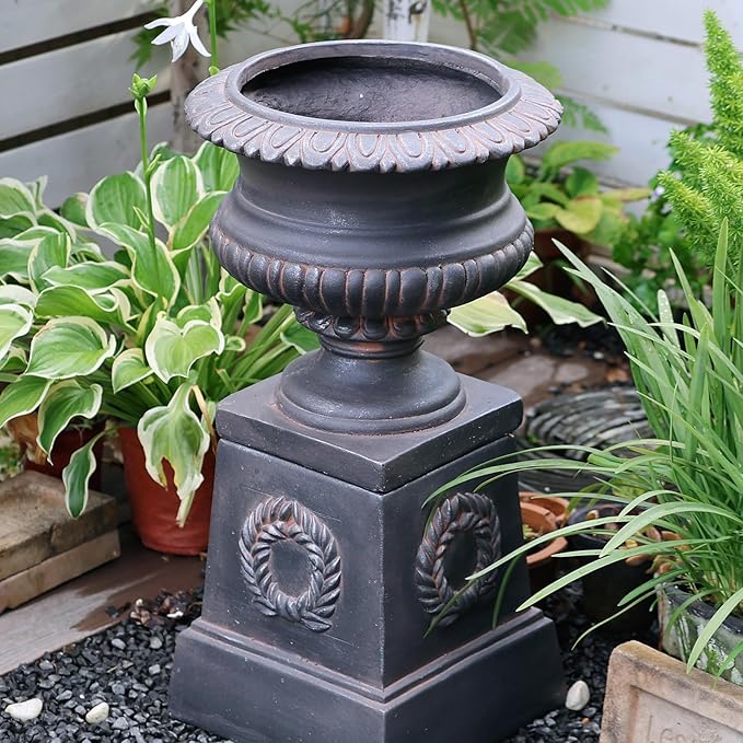 VISIBLE Classic Garden Urn Planter with Pedestal, Black Antique Finish, Cement Fiber Material, Decorative Leaf Pattern, 22 Inch Height, Indoor Outdoor Use, Delivered from Local Warehouse (Black)