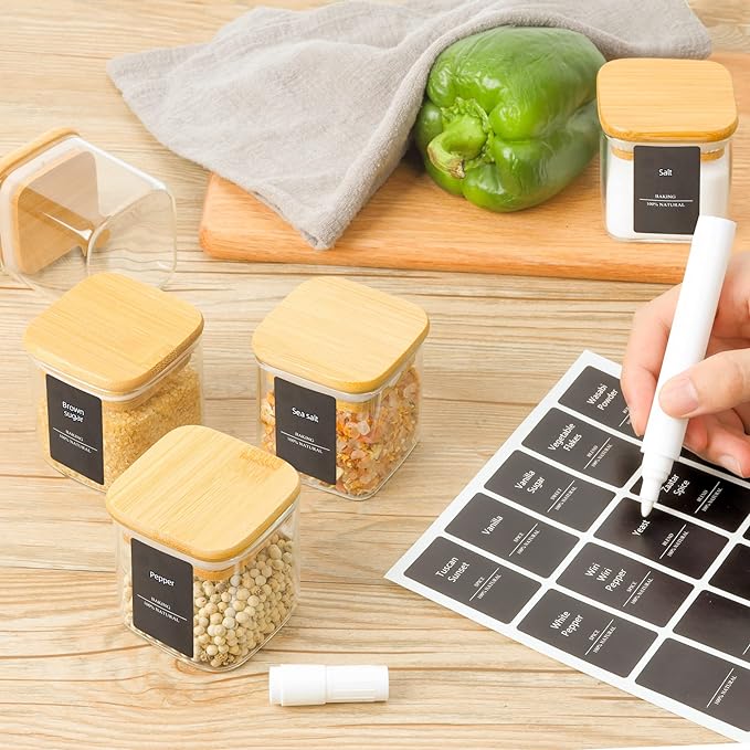 ComSaf 16Pcs Glass Spice Jars with Bamboo Lid, 4oz Airtight Square Spice Containers with 275 Black Lables, Empty Seasoning Jars for Spice Salt Sugar