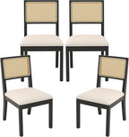 Westice Rattan Dining Chairs Set of 4, Farmhouse Natural Dining Room Chairs with Upholstered Cushion, Wood Armless Chairs for Kitchen/Restaurant, Black
