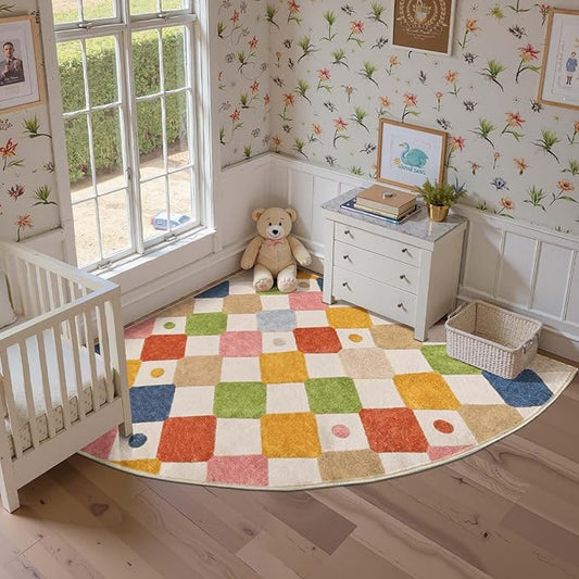 jinchan Kids Rug for Nursery 6ft Radius Corner Washable Area Rug Modern Colorful Quarter Circle Rug Soft Non-Slip Carpet for Bedroom Playroom Daycare Reading Nook Kitchen Classroom Circus on Cream