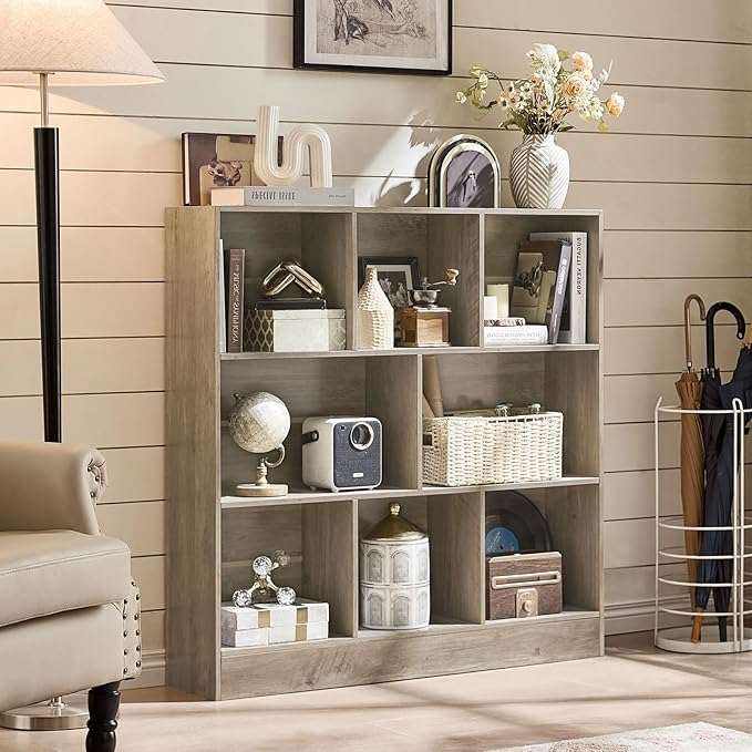 LEYAOYAO 8 Cube Bookshelf with Base,3 Tier Mid-Century Modern Grey Bookcase,Standing Wide Bookshelves Storage Organizer Shelf,Rustic Wood Display Cabinet Book Shelves for Bedroom,Living Room,Office