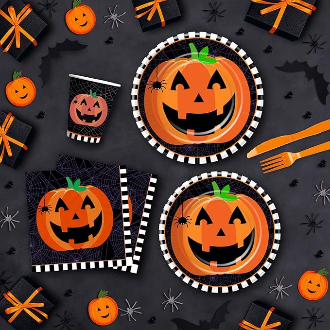 Halloween Plates and Napkins Party Supplies, Pumpkin Halloween Party Decorations Tableware, Pumpkin Paper Plate, Cup, Napkin, Tablecloth, Disposable Cutlery, Serves 24