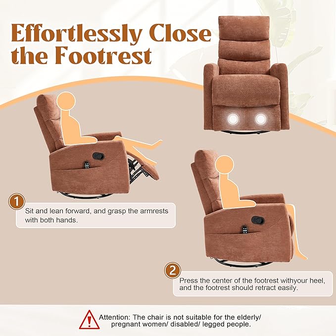 Manual Swivel Rocker Recliner Chair for Adults, Overstuffed Reclining Glider Chair for Nursing with Vibration Massage & Heat, Living Room Rocking Recliner 3-Stage backrest, Chenille Fabric Orange