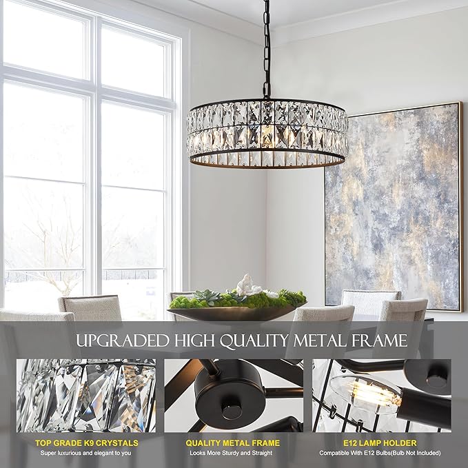 16” 4-Light Modern Crystal Chandeliers Black Dinning Room Light Fixture, Round Pendant Light Kitchen Island Chandelier, Flush Mount Ceiling Light for Living Room Entryway Bedroom Foyer
