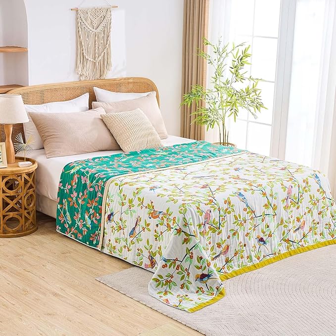 Boho Throw Blanket for Bed, 100% Cotton Soft Rustic Quilt Fall Blanket, 50"x60" Floral Printed Farmhouse Decor Bed Blankets, All Season Rustic Reversible Bohemian Throw Quilt