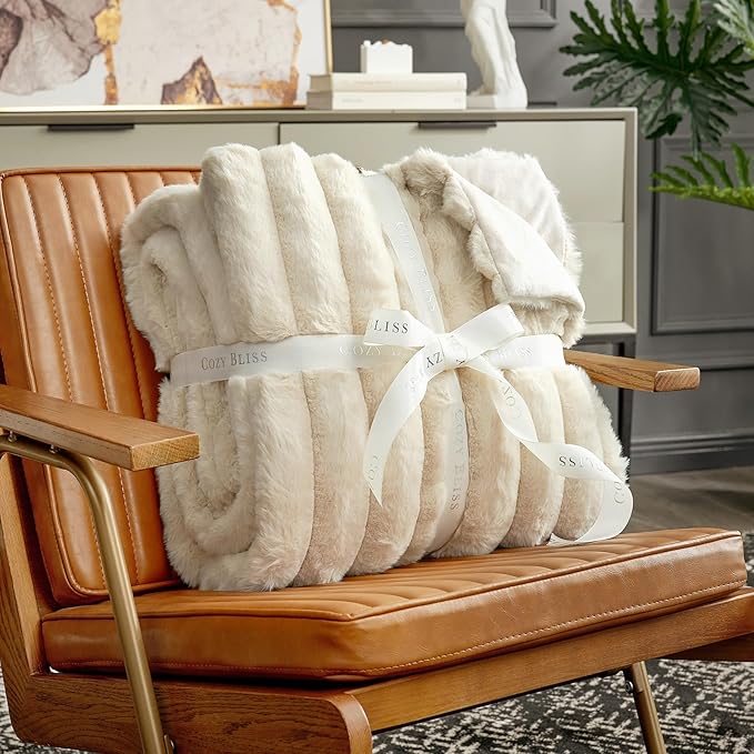 Cozy Bliss Faux Fur Throw Blanket for Couch, Cozy Warm Plush Striped Blanket for Sofa Bedroom Living Room,50 * 60 Inches Beige