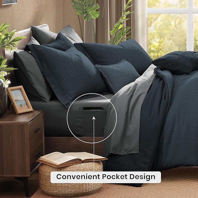 Monbix Full Size Comforter Set, Navy Blue Bedding Comforter for Full Size Bed Set Reversible, Bedding Sets Full 7 Pieces, Cationic Dyeing Bed in a Bag with Comforter, Sheets, Pillowcases & Shams