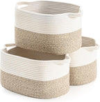 Cotton Rope Woven Storage Basket, Used for Baby Hamper Toy Organizer, Gift Baskets Empty,Kids Laundry Basket,Baby Blanket Basket. Size 15x10x8.7 Inches. (White&Brown-3PCS)