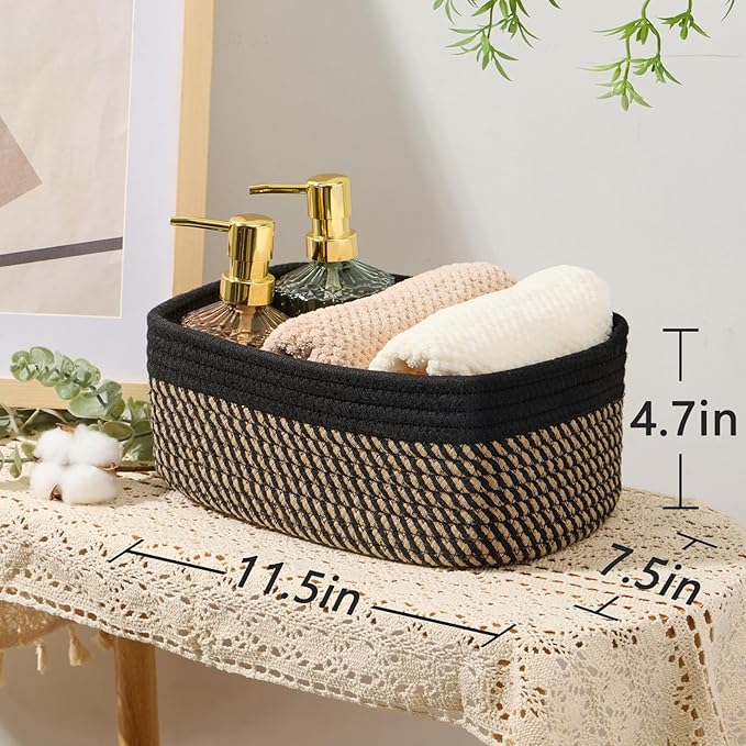Small Storage Baskets for Organizing | Closet Organizer Bins | Shelf Toy Basket | Woven Rope Baskets | Cube Decorative Box | Shallow Basket | 11.5x7.5x4.7” | 4 Packs Black Brown