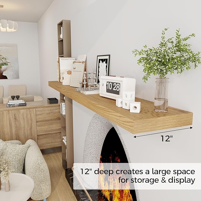 Fun Memories 72 Inch Floating Shelf, 12 Inch Deep Wall Shelf for Fireplace Mantel, Deep Storage Shelves for Home & Office, Wall Shelves with Invisible Bracket, Oak, Set of 1