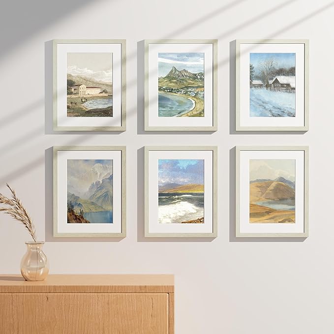 Vittanly 11x14 Picture Frames Set of 9, Shatter Resistant Plexiglass, Display 8x10 Pictures with Mat or 11x14 without Mat, Photo Frames for Wall or Tabletop, Engineered Wood, Whitemist