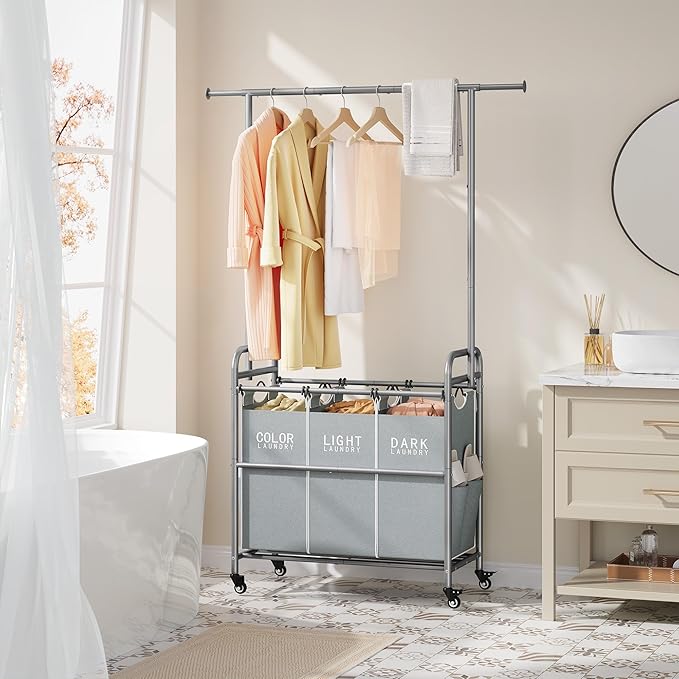 Tajsoon Laundry Sorter with Hanging Bar, 3 Section Rolling Laundry Hamper with Heavy Duty Lockable Wheels, Laundry Basket with Hanging Rack for Bedroom, 3 Gray