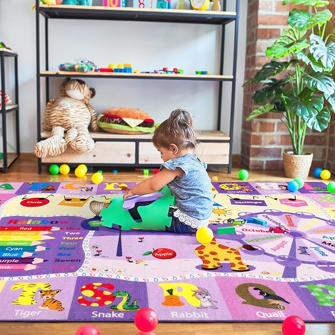 Kids Rugs for Playroom Bedroom Classroom Nursery, Non-Slip and Washable Rugs for Children Toddlers Girls, Educational and Fun Rug Carpets with ABC Alphabet Animals Shapes, 4x6, Purple