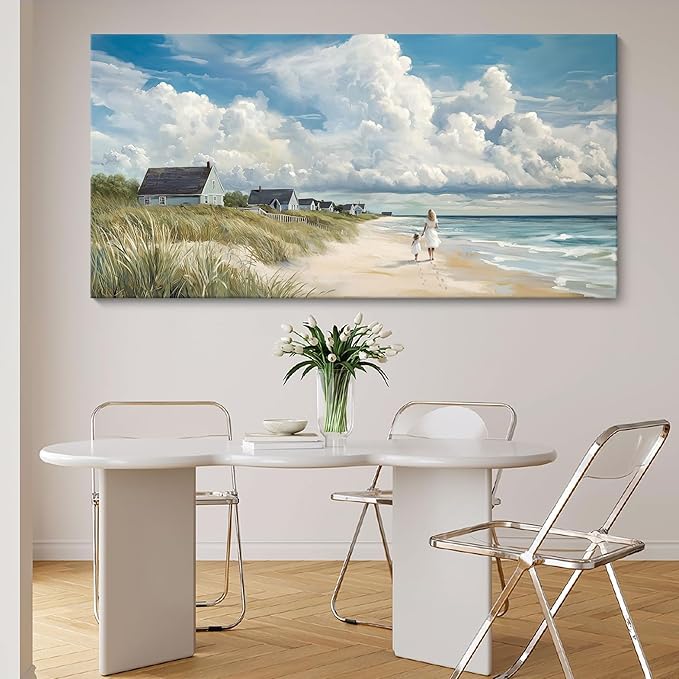 HGUAOA Coastal Canvas Wall Art - Large Landscape Wall Art for Living Room - Ocean and Beach Painting - Blue Artwork for Bedroom Decor - Above Bed Wall Pictures -Beach Theme Print Art