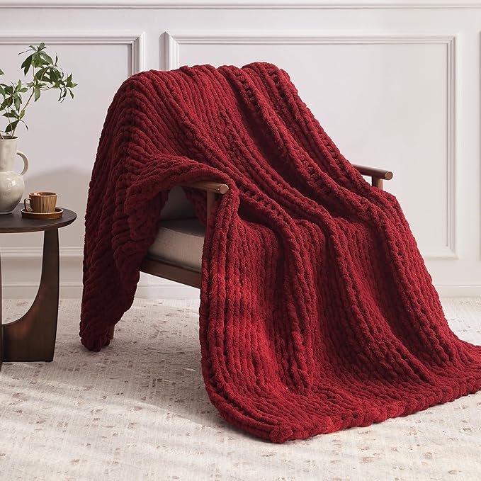 Chunky Knit Throw Blanket, 60''*80'' Knitted Throw Chenille Yarn for Bed Couch, Handmade Red Crochet Big Thick Blanket, Machine Washable Cute Comfy Blanket for Home Decor