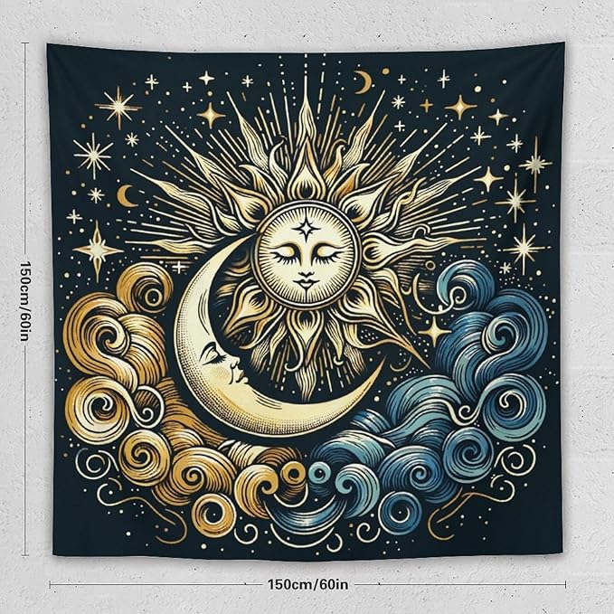 HZOHNAGO Sun Moon Tapestry Boho Golden Stars Pattern Printed Wall Tapestry Wall Hanging for Bedroom Living Room Dorm 60" W x 60" H