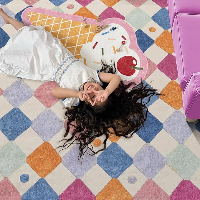 jinchan Round Rug 5ft Kids Washable Rug Indoor Floor Cover Non-Slip Soft Elementary School Classroom Modern Colorful Diamond Carpet for Nursery Daycare Bedroom Playroom Living Room Berries on Cream