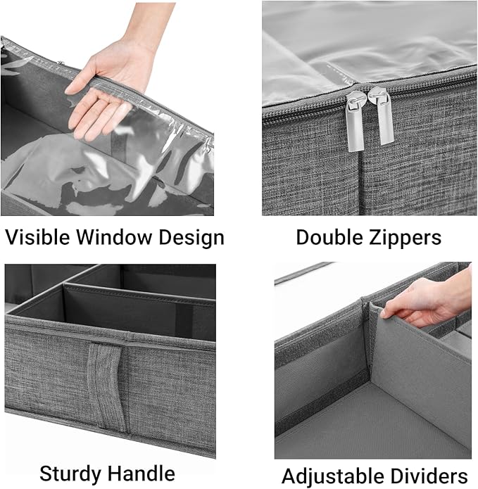 2 Packs Under Bed Storage Containers, Foldable Clothes Draw Organizers with Adjustable Dividers, Handles, Clear Window, Closet Storage Bins for Clothing, Shoes, Blankets