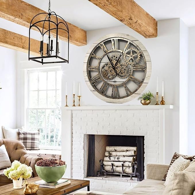 The Gears Clock The Original Real Moving Gear Wall Clock Vintage Industrial Oversized Rustic Farmhouse (24 inch (60cm),White Farmhouse)